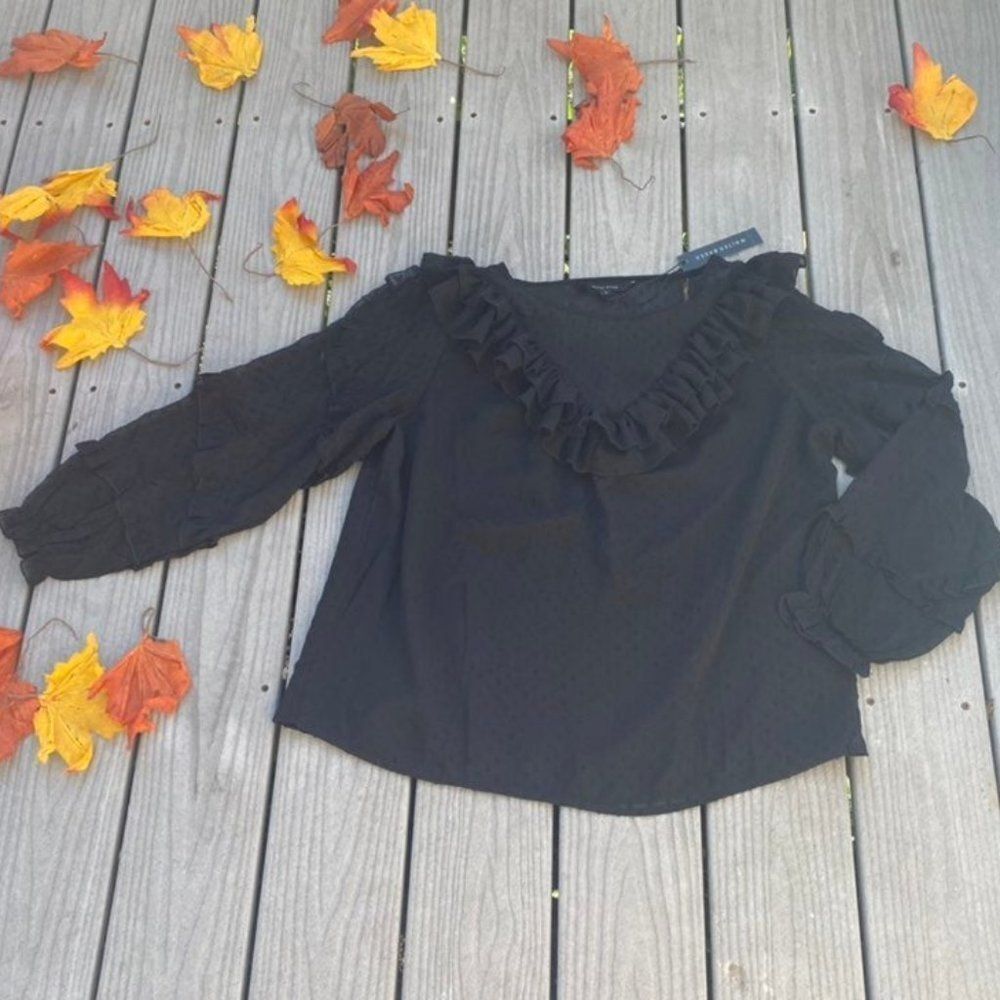 Walter Baker Black Ruffle Swiss Dot Blouse Top Large Long Sleeve Frilly